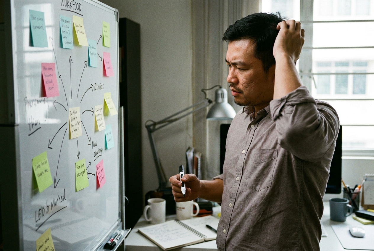 Thinking through a problem on a whiteboard covered in sticky notes