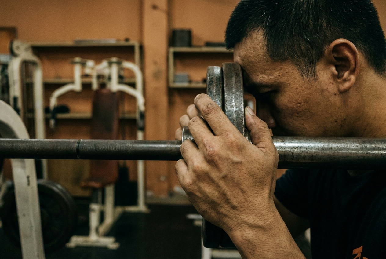 Carefully loading weight plates onto a barbell