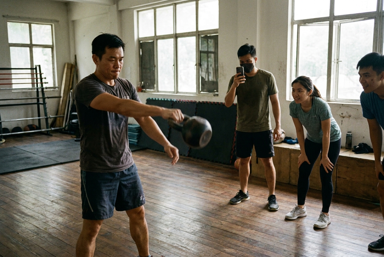 Coach demonstrating a technique to a small group