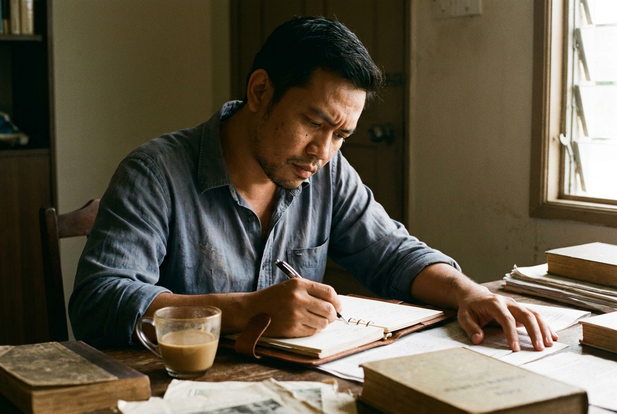 Quiet reflection at a wooden desk