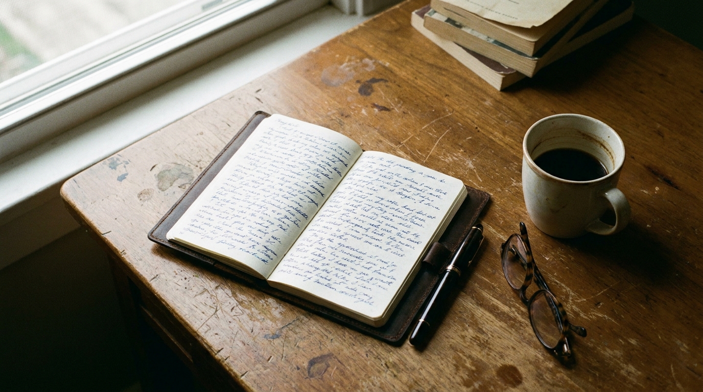Open notebook with fountain pen and morning coffee
