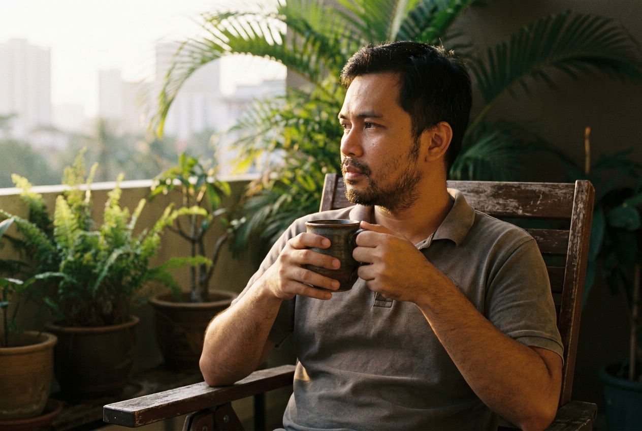 A quiet morning moment with coffee in hand