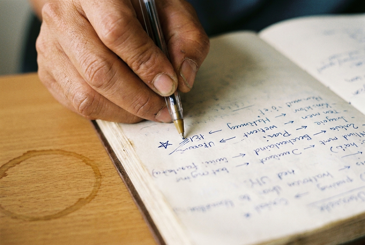 Close-up of a hand mid-stroke writing in a notebook